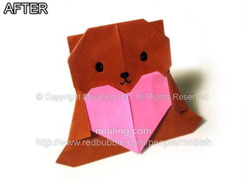 Enhanced photo of my origami bear-heart used to promote my origami workshop