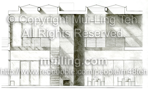 A building section through an atrium drawn and rendered by Mui-Ling Teh during her second year in architecuture school.