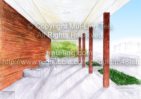 An exterior perspective drawn and rendered by Mui-Ling Teh during her fourth year in architecture school.