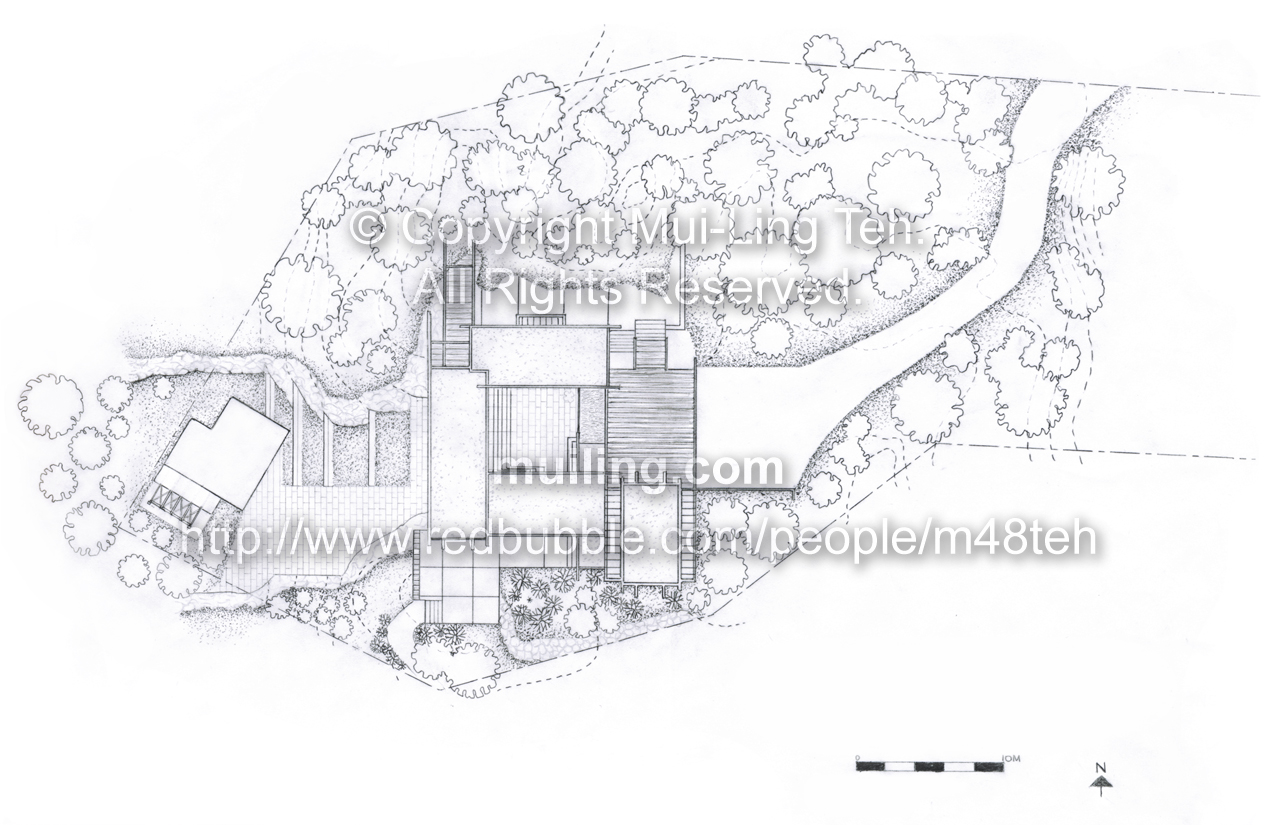 A hand drafted site plan of Arthur Erikson's Smith House by Mui-Ling Teh, for an outbuilding design project, done during her second year in architecture school.
