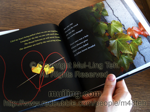 Pages from "Art and Words from the Heart" by Mui-Ling Teh, featuring her artworks "Red String of Fate" and "Splitting Season"