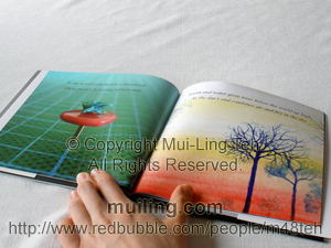 Pages from "Art and Words from the Heart" by Mui-Ling Teh, featuring her artworks "Toadstool" and "Sunset with Blue Trees"