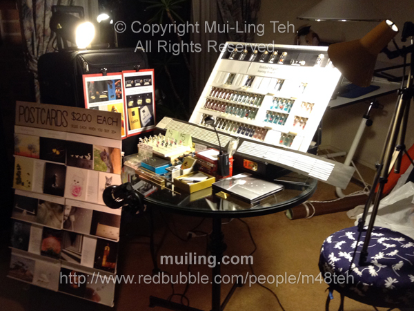 A mock set-up of a booth by Mui-Ling Teh in preparation for the Makers Market at Crawford Bar. Many items, including the postcard holder and bottle holder were made by hand.