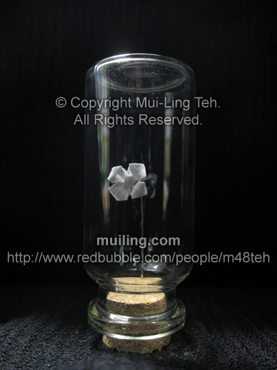 Miniature white origami flower by Mui-Ling Teh, in a bottle, supported by a needle in the cork top.