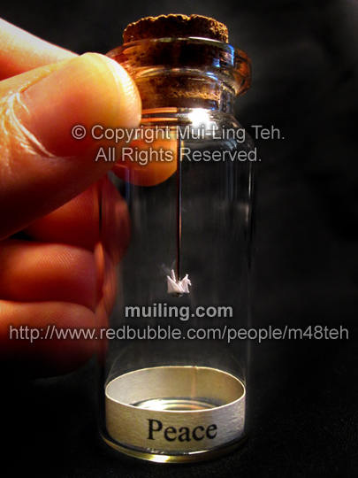 Miniature origami crane in a bottle with the word Peace by Mui-Ling Teh