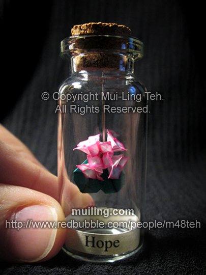 Hand coloured miniature pink and white origami hydrangea flower in a bottle with the word "Hope" at the bottom.