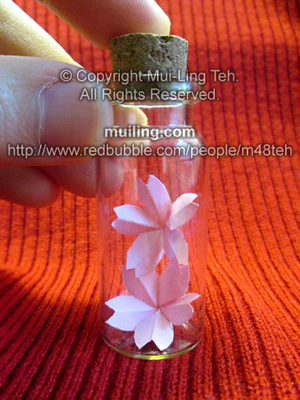 Two pink hand-folded origami cherry blossom flowers in a bottle by Mui-Ling Teh