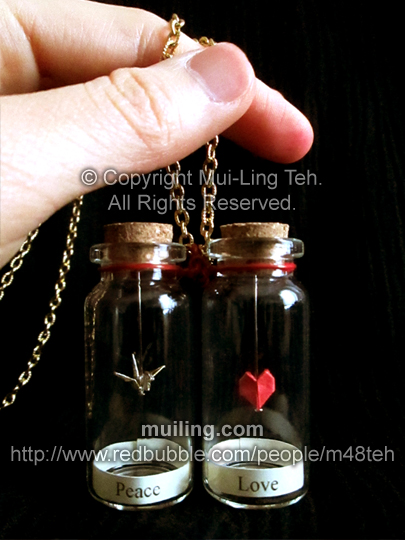 Custom two bottle origami necklace with gold origami crane and red origami heart