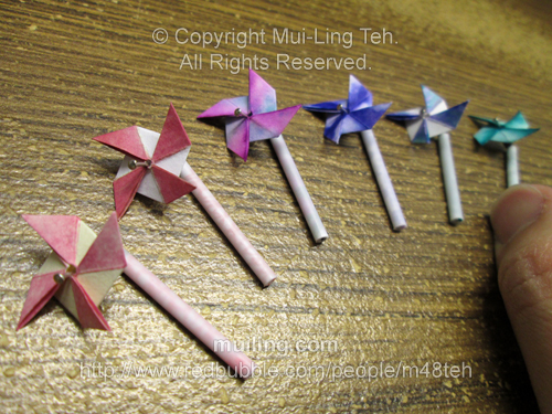 Cute and colourful little origami pinwheels by Mui-Ling Teh that can spin when blown on.